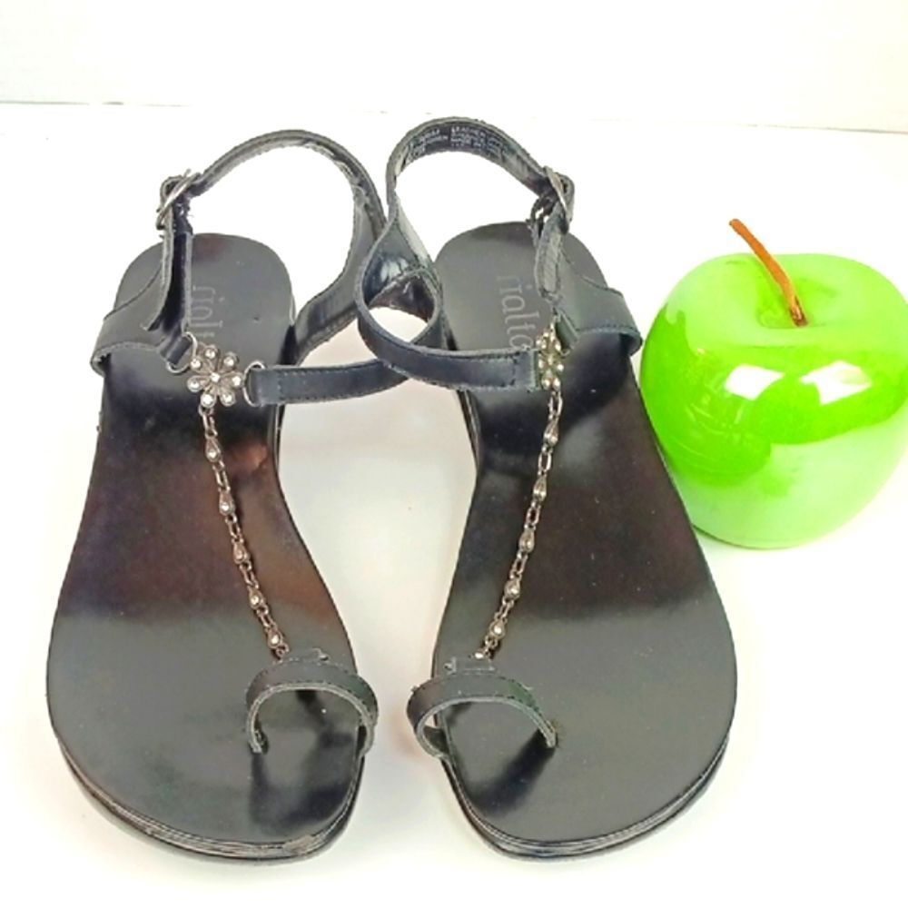 Womens Rialto "Gwen"rhinestone Floral Silver Chain Detail Black Sandals sz 8.5